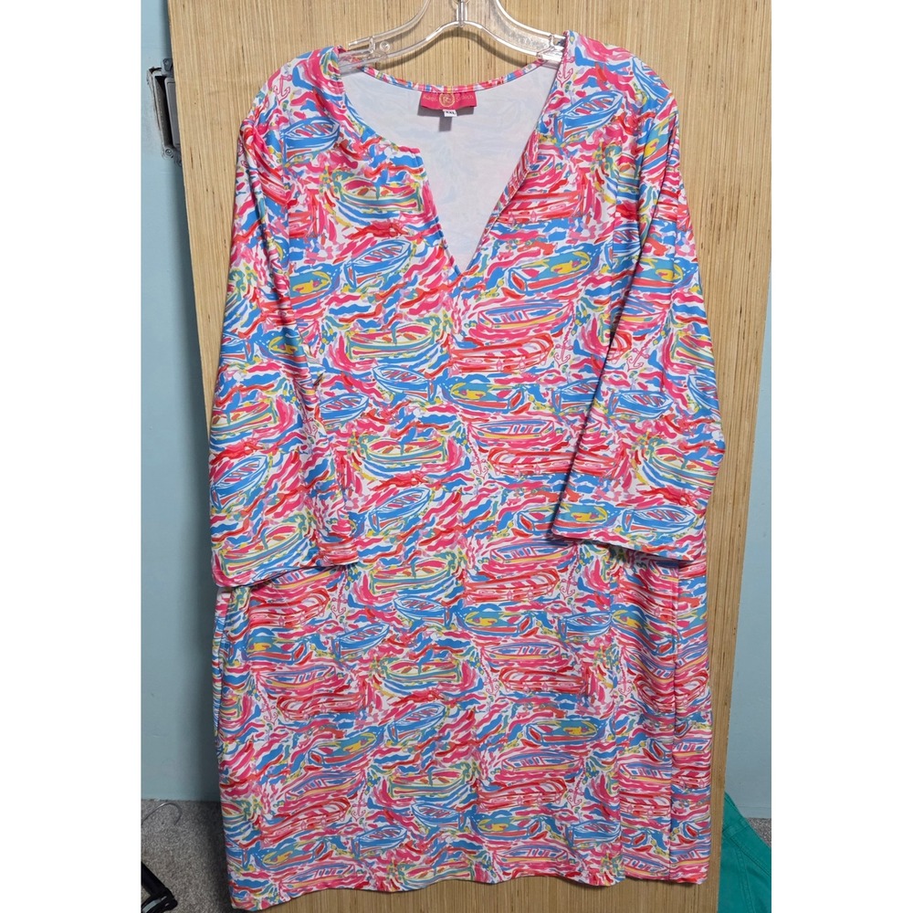 Kaeli Smith Womens XXL Nautical Boat Print Split Neck 3/4 Sleeve Shift Dress USA